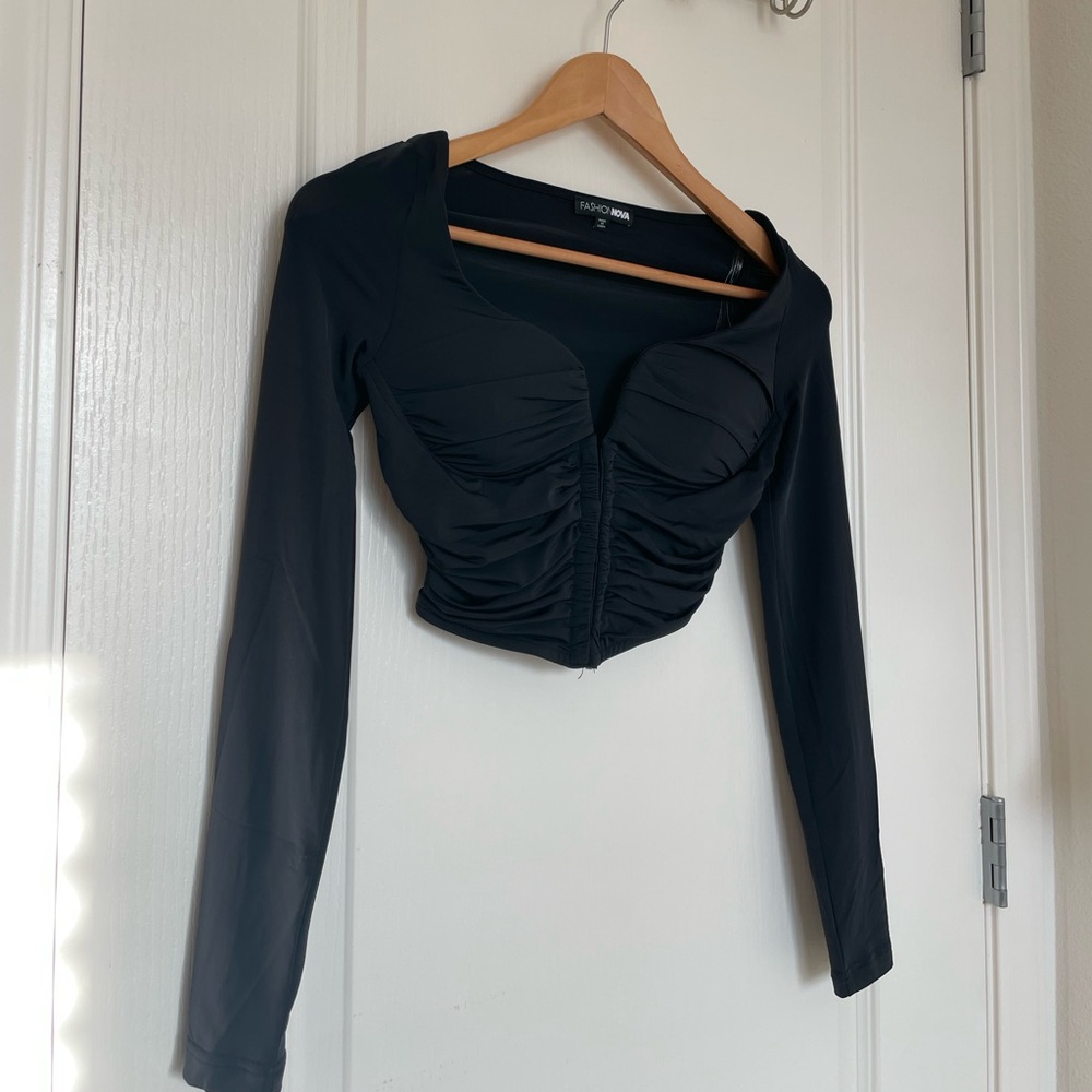 Fashion Nova VNeck Bustier Black Ruched Women's Top
